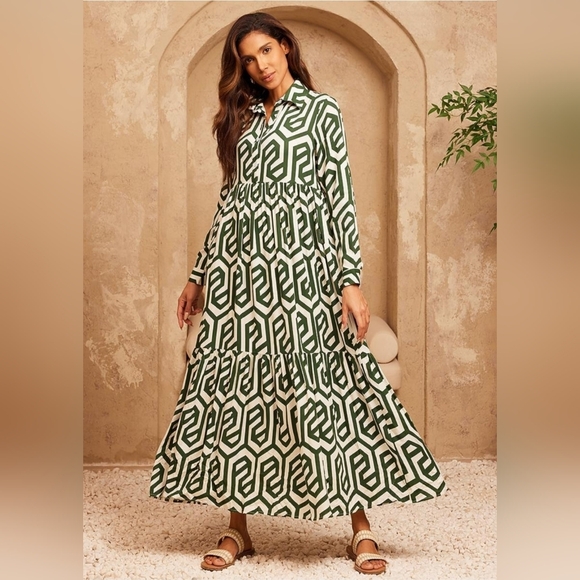 Zara Dresses & Skirts - Zara Ecru Geo Geometric Print Karen Tiered Midi Dress size M